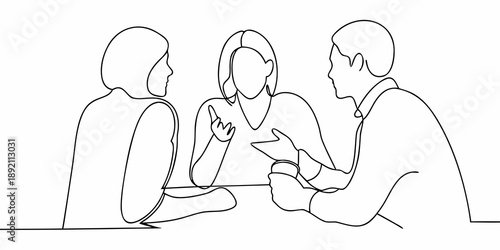 Three people engaged in a conversation around a table line art style