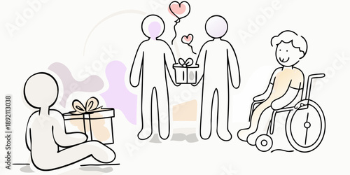 A heartwarming illustration of gift giving and inclusivity among diverse individuals