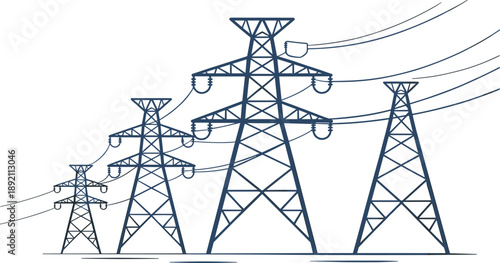High voltage electricity transmission towers, power lines stretching, electrical infrastructure, energy distribution network, industrial electric poles, utility grid system