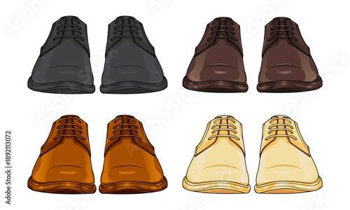 Set of men leather shoes vector illustration. Elegant lace-up oxford footwear for business, wedding, and office. Includes black, brown, tan, and beige colors.
