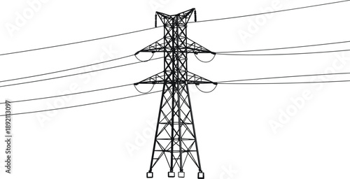 High voltage electricity transmission tower, steel power pylon structure, electric utility pole, energy grid system, black line vector illustration
