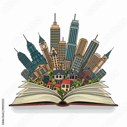 An Open Book Emerging Into a Vibrant Cityscape With Tall Buildings Trees and Houses Under a Bright Sky