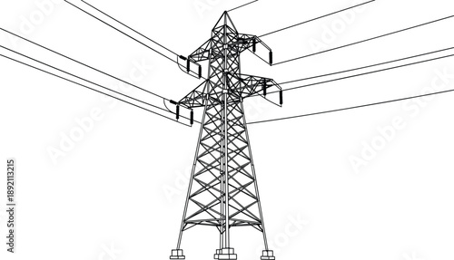 High voltage transmission tower vector, steel lattice structure drawing, electric pylon with power lines, energy infrastructure wireframe illustration