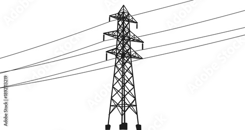 High voltage transmission tower, electrical power line pole, utility infrastructure structure, steel pylon with cables, engineering line vector drawing