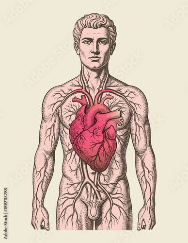 Anatomical heart in human body anatomy drawing in vintage medical illustration style