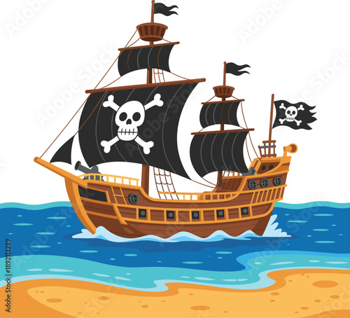 Pirate ship on the sea vector on white background.