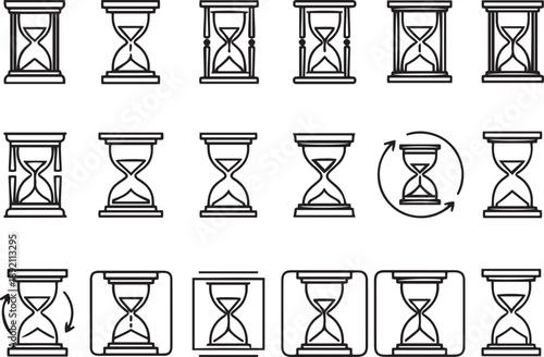 Black and white hourglass in various orientations and frames time clocks sand timers