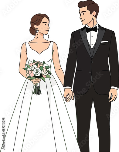 Bride and Groom Holding Hands, Elegant Wedding Couple