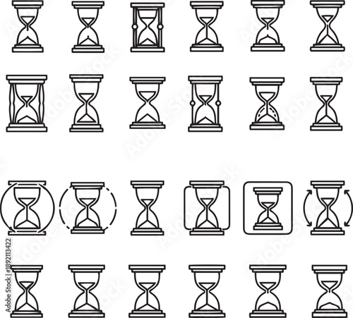 Black and white hourglass in various styles and orientations sand timer time clock
