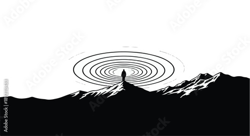 Lone silhouette stands on mountaintop with radiating energy waves above.