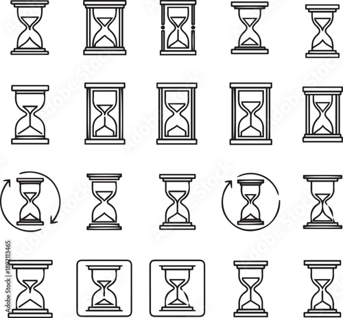 Black and white hourglass in various styles and orientations time clocks sand timers