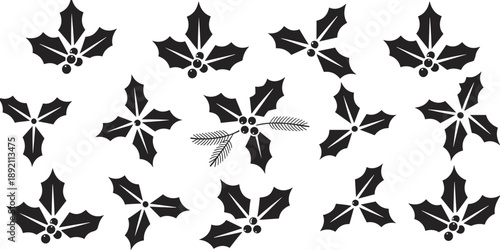 Holly leaf and berry pattern, black and white festive botanical design, Christmas decoration vector, winter holiday plant graphic, seasonal nature art elements