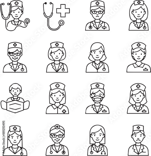 Black and white line of nurses and medical symbols stethoscope cross line black and white