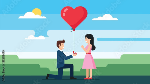 Man Proposes Marriage with Ring, Heart Balloon Proposal