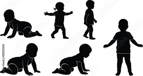 Baby development silhouettes set showing crawling, standing, walking toddler stages, early childhood growth milestones isolated on white background vector illustration collection