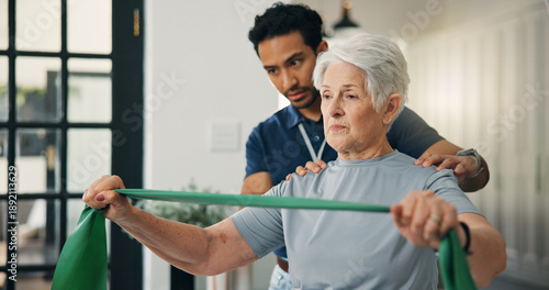 Tableau sur toile Old woman, physiotherapist and resistance band in clinic with stretching, support or rehabilitation