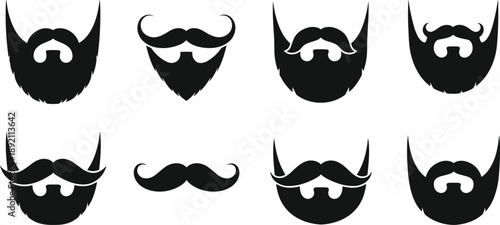 Beard and mustache silhouettes set featuring various masculine facial hair styles, barber shop icons, hipster grooming elements isolated on white background vector illustration