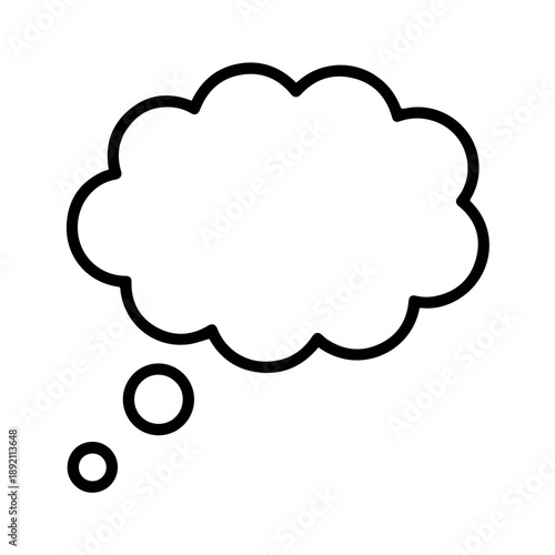 A classic black outline thought bubble icon, with a cloud-like shape and three small circles trailing downwards, representing contemplation, ideas, or internal monologue.