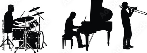Black silhouette illustration of jazz musicians playing drums piano and trumpet, live music performance band concept, artistic musician figures isolated on white background for design use