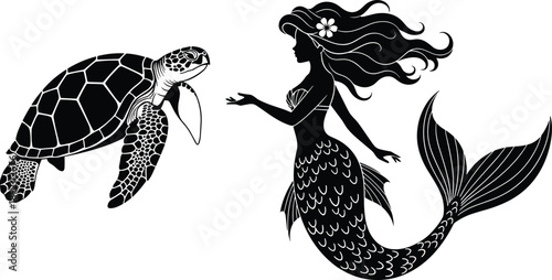 Black silhouette illustration of mermaid and sea turtle, mystical underwater fantasy scene, elegant ocean mythology characters isolated on white 