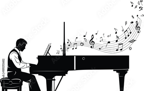 Black silhouette illustration of pianist playing grand piano with flowing musical notes, artistic music 