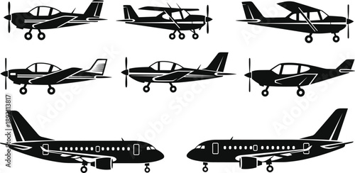 Collection of black airplane silhouettes featuring small propeller aircraft and modern passenger jets, aviation transport icons and aircraft profiles isolated on white background for design use