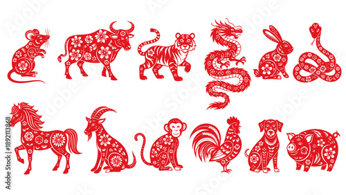 Chinese Zodiac Animals Red Paper Cut Style Set.