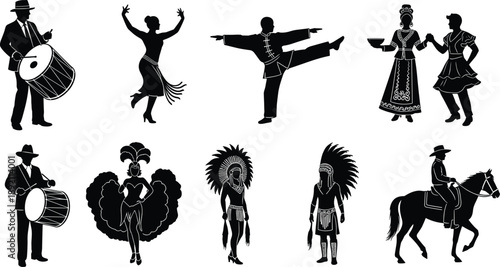 Cultural dance and music silhouettes set featuring traditional performers, folk costumes, musicians, and ethnic celebration scenes isolated on white background vector illustration collection