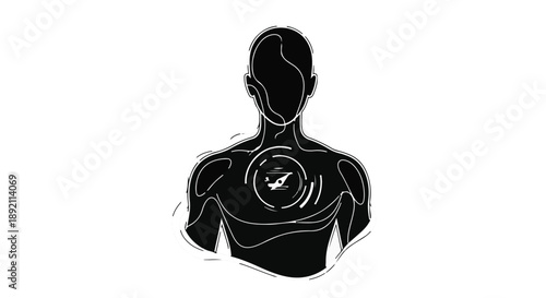 Abstract silhouette of a person with swirling energy and a bird symbol in the chest area