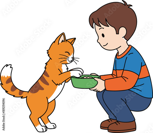 Cute cartoon illustration of a young boy feeding a friendly cat, showing child pet care, kindness to animals, and loving domestic companionship on white background