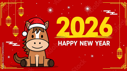 Cute cartoon horse wearing a Santa hat, celebrating the New Year.