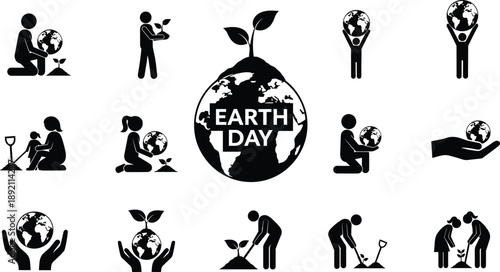 Earth Day silhouette icons set showing people protecting planet, planting trees, environmental care actions, global sustainability concept isolated on white background vector illustration