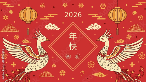 Two majestic phoenix birds with intricate feather details and elegant poses.