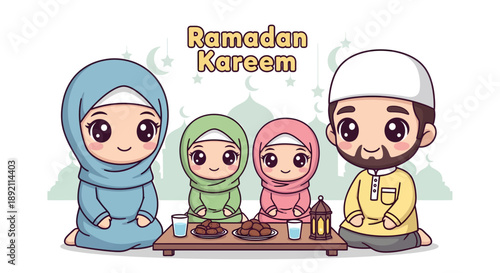 Family celebrating Ramadan with traditional food and prayer