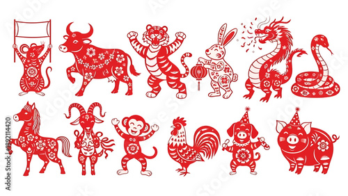Chinese Zodiac Animals Red Paper Cut Style Collection.