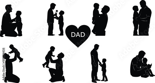 Father and child silhouettes set expressing love, care, bonding moments, parenting relationships, and family affection with dad symbol isolated on white background vector illustration