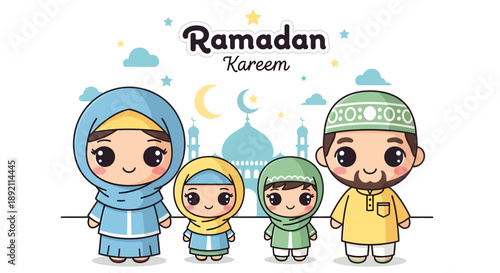 Cute Cartoon Family Celebrating Ramadan with Mosque in Background