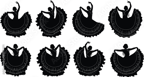 Flamenco dancer silhouette set showing elegant Spanish dance poses with flowing skirts traditional costume movement isolated on white background illustration for stock photography