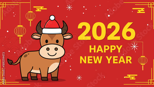 Cute cartoon ox wearing a Santa hat, celebrating the New Year 2026.