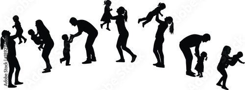 Happy family silhouettes showing parents playing with children in different moments, loving mother and father with kids illustration isolated on white background