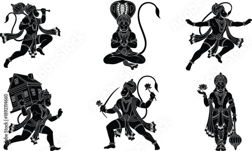 Hindu mythological deity silhouettes set featuring gods and goddesses in dynamic poses, spiritual symbolism, Indian religious culture isolated on white background vector illustration