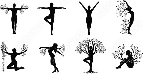 Human and tree silhouettes set symbolizing nature connection, yoga poses, growth, balance, environmental harmony, and eco spiritual concepts isolated on white background vector illustration