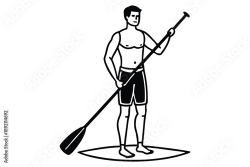Man Standing on Paddleboard Holding Oar Flat Black White