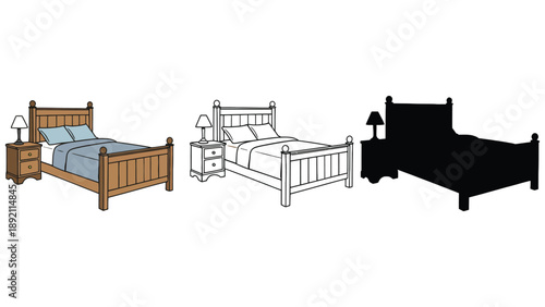 An illustration of three different styled beds with nightstands and lamps