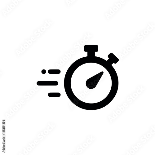 A dynamic black stopwatch icon depicted with speed lines radiating from its side, effectively symbolizing concepts of speed, urgency, quickness, and time efficiency on a clean white background.