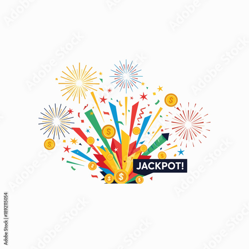 Explosive Celebration of Winning a Jackpot with Falling Coins and Fireworks