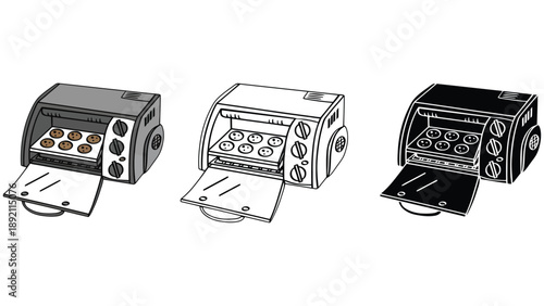 An illustration of three toasters in different design styles and colors