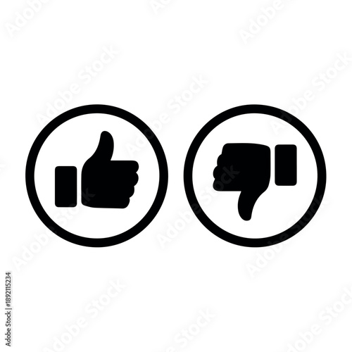 A pair of distinct black 'thumbs up' and 'thumbs down' icons, each enclosed within a circle, representing approval, disapproval, like, or dislike on a clean white background.