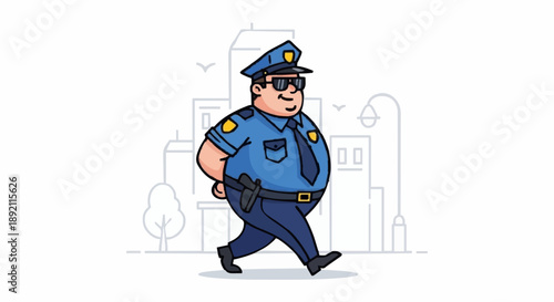 Cartoon Police Officer Walking in City Street.