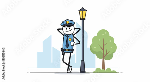 Cartoon Police Officer Standing Next to Lamppost Relaxed Pose.